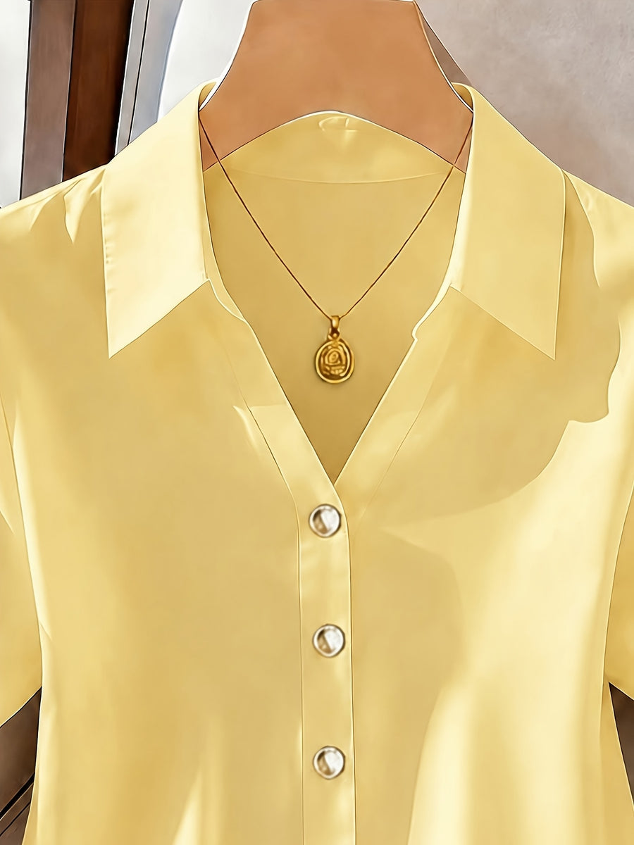 New Women's Top, Solid Color Short-Sleeve Casual Shirt for Women, Elegant and Casual Women's Blouse, Suitable for Commuting, Outings, and the Office - Yellow