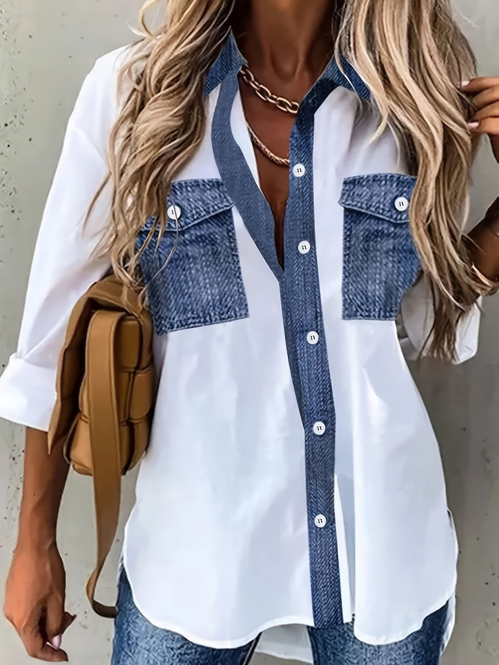 [Printed Pants - Not Denim Fabric] Cross Border European and American Women's Elegant Printed Contrasting Shirt, Imitating Denim Print Color Scheme - Off-white
