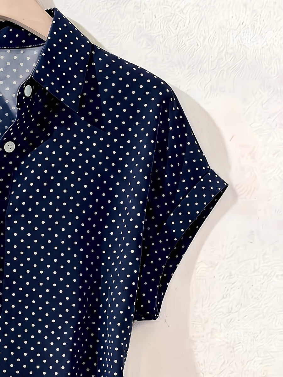 Summer Polka Dot Single-Breasted Short-Sleeve Shirt - Navy Color