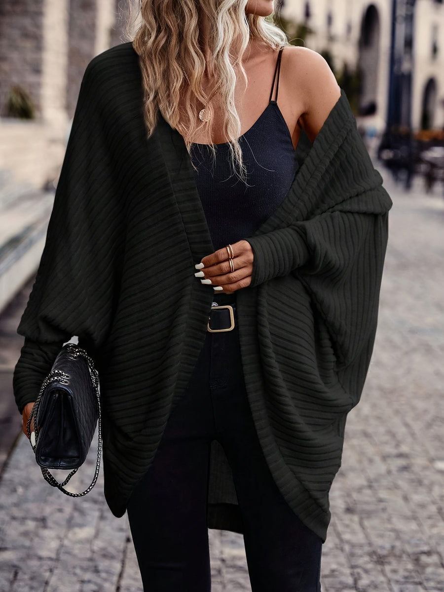 Elegant And Solid Color Batwing Sleeve Open Front Casual Jacket, Autumn - Black