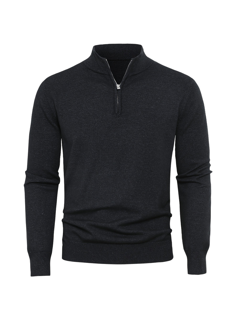 2025 New Men's Casual Solid Color Knit Zip-Front Sweater - Thickened Warm Top - Fashionable Minimalist Style with Medium Stretch for Daily Comfort, Men's Essential Cold-Weather Item, High-Quality Autumn/Winter Fashionable and Mature Pullover - Black Gray