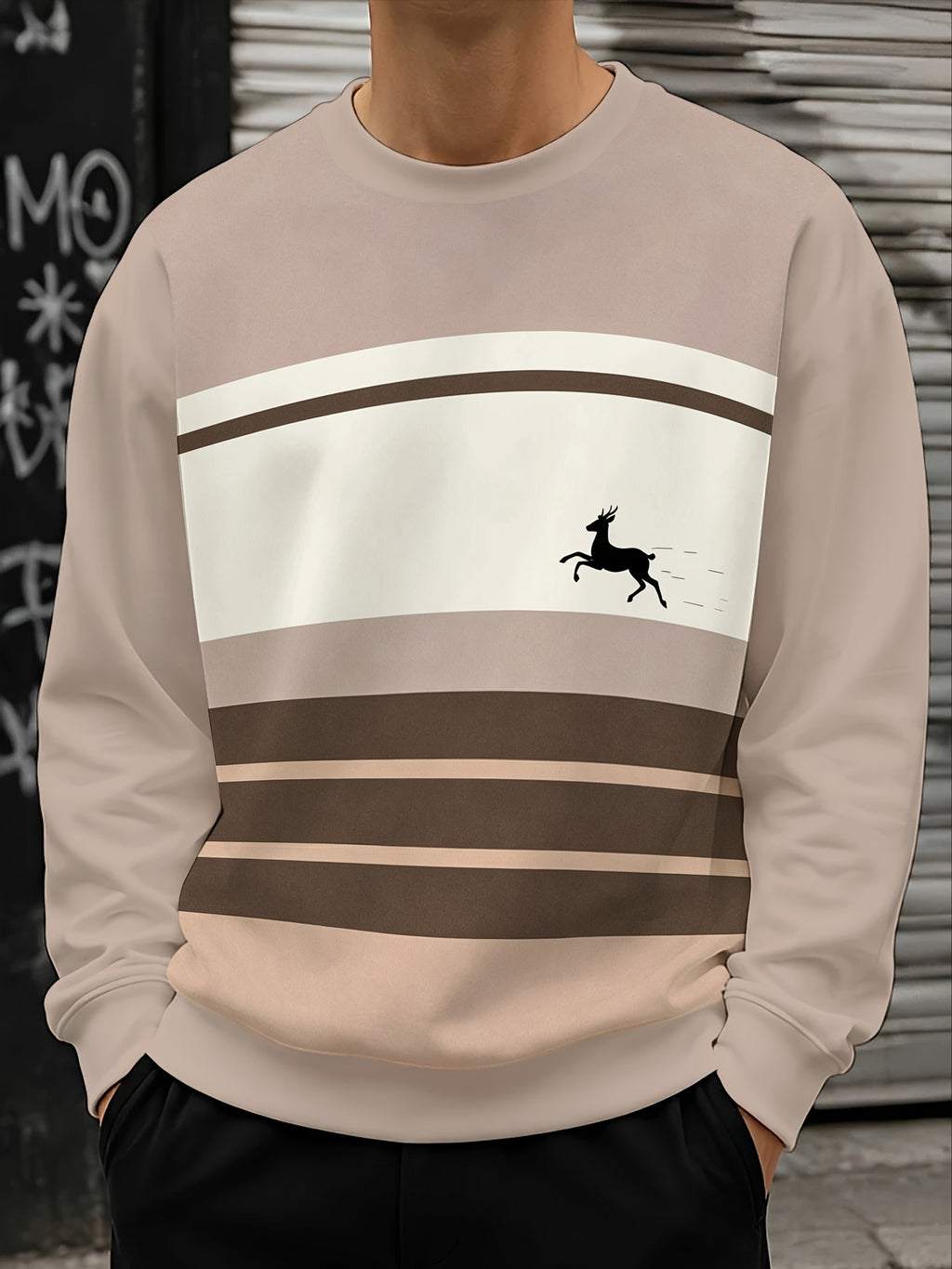 (Print Design - Not Textured) Men'S Round Neck Sweatshirt Light Gray Brown Striped Deer Pattern Casual Sport Daily Wear Fashion Trendy Autumn New Random Print - Mixed colors