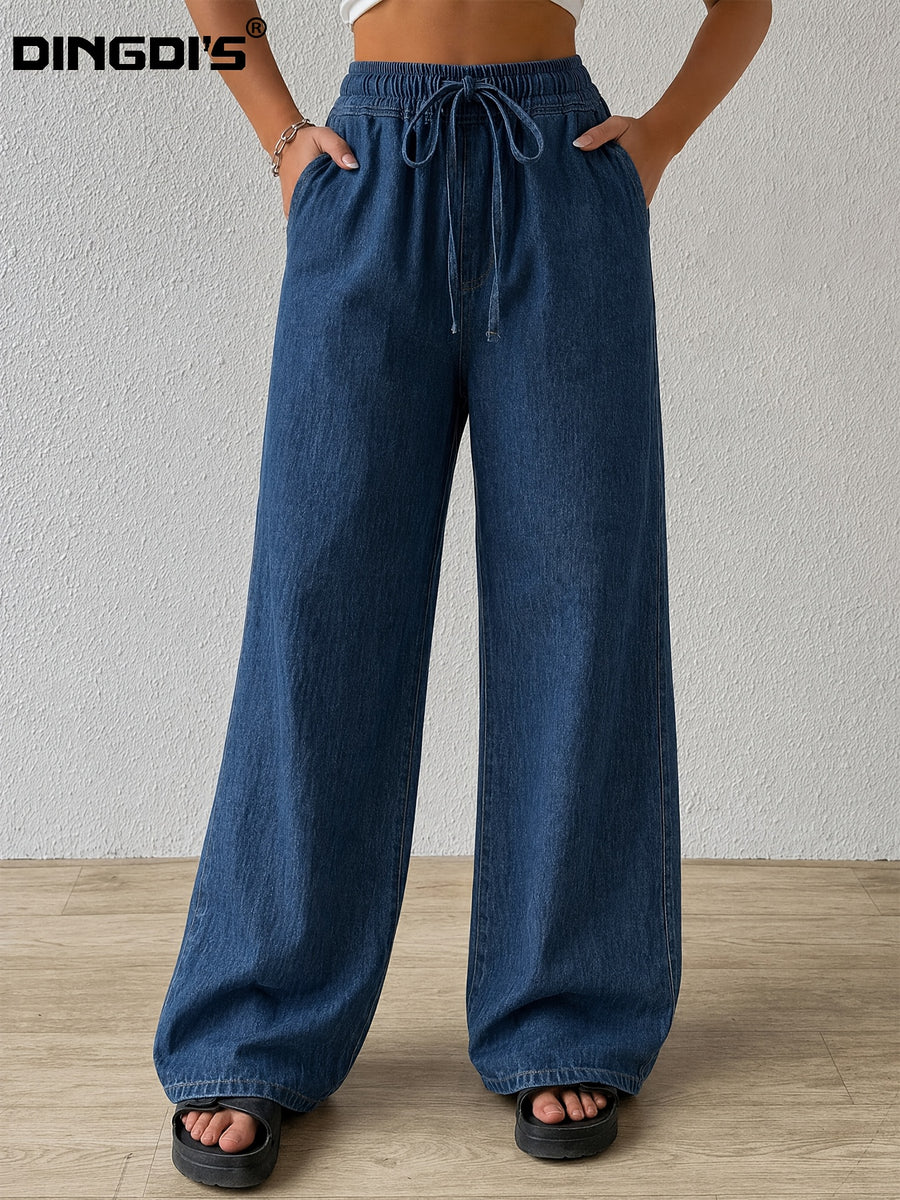 Women's New High-Waist Stretch Straight-Leg Denim Pants - Drawstring Elastic Waist Casual Design, Pull-on Jeans Style. Comfortable Jeans Perfect for Travel, Work, Shopping, and Office Wear. Made with Comfortable Fabric, Suitable for All Seasons And - Deep Blue