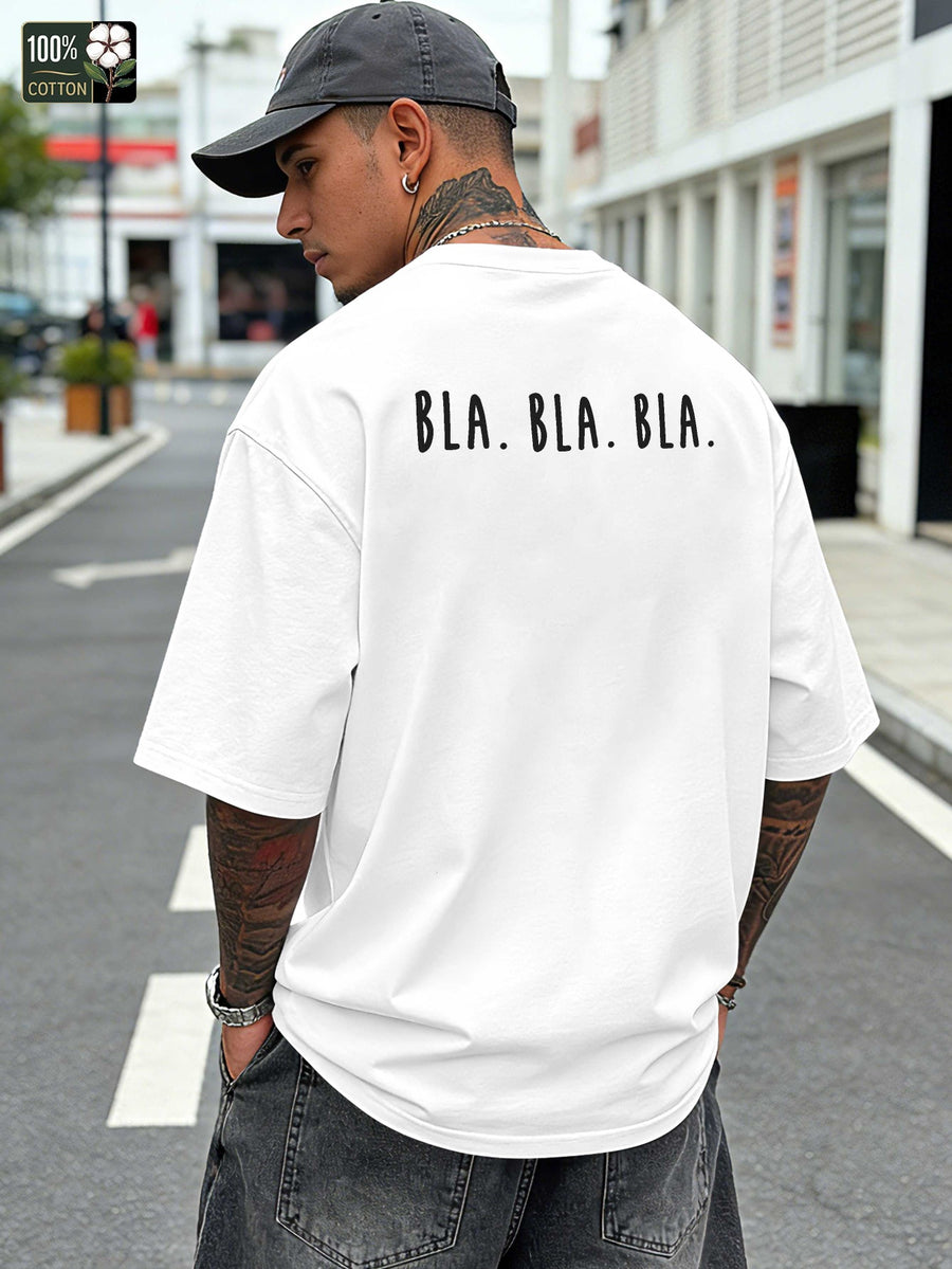 Bla Bla Print Men'S Pure Oversized T-Shirt, Casual Comfortable Versatile Short Sleeve Tee - White