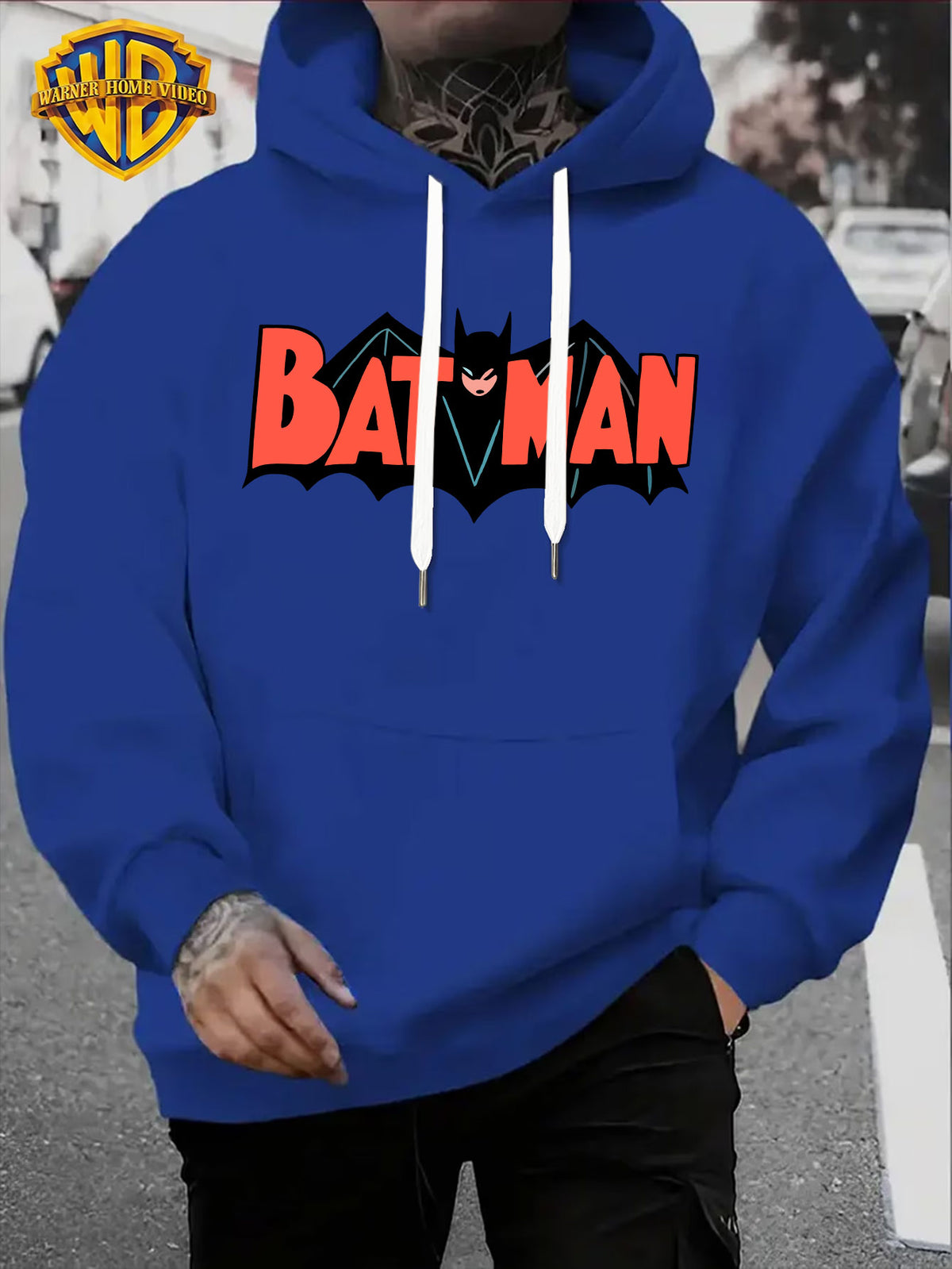 Warner Official Men'S Retro Comic Style Batman Hot-Blooded Trendy Printed Drawstring Hoodie, Warm And Machine Washable for Autumn And Winter, Multifunctional Street Sports And Leisure Loose Edition - Blue
