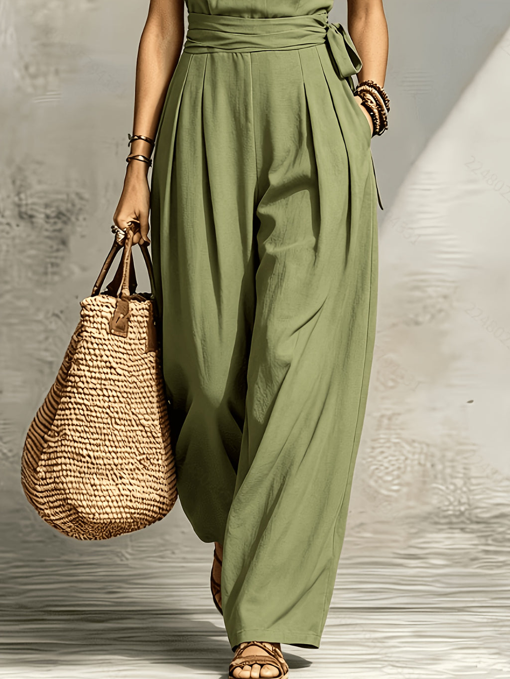 French Green One-Shoulder Jumpsuit for Women, 2026 Summer New Style Waist Commuting Tie-Dye Drape Wide-Leg Vacation Long Jumpsuit [ZLLZ] - Green