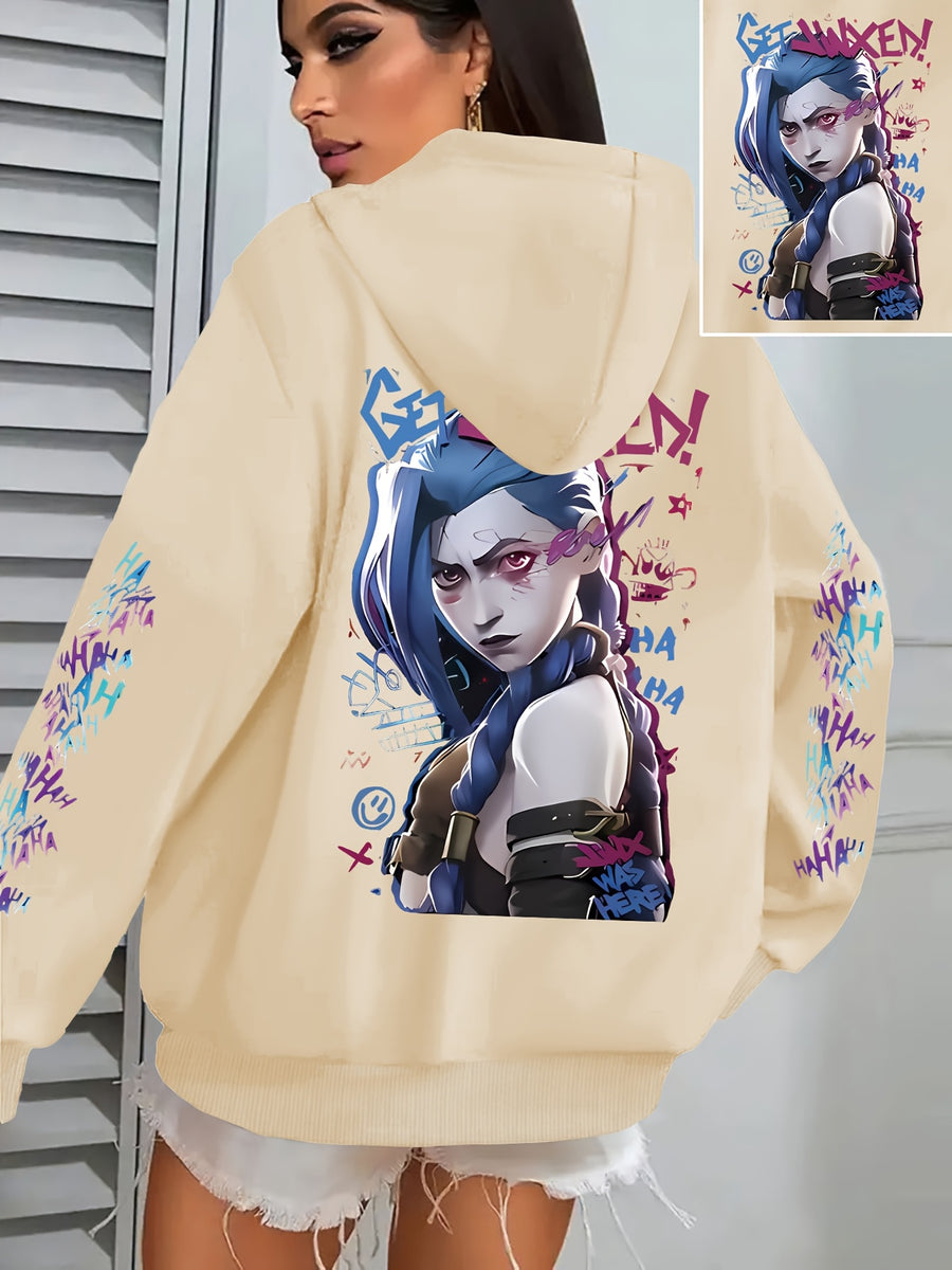Cartoon and Animation Printed Single Piece Loose Casual Hooded Tri Luo Fashion Women's Hoodie Sweatshirt - Apricot