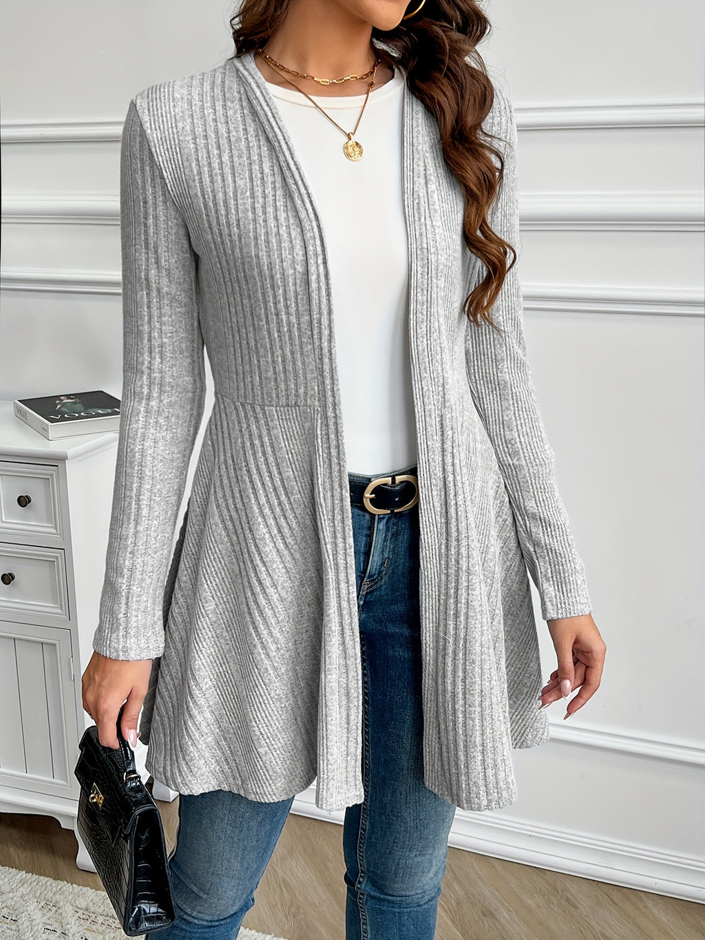 Plain Textured Loose Spring/Autumn Outerwear - Light Grey