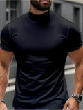 Fashionable and trendy Instagram-style minimalist creative solid color Men's short-sleeve turtleneck for sports, fitness, running, training, and casual wear - Black