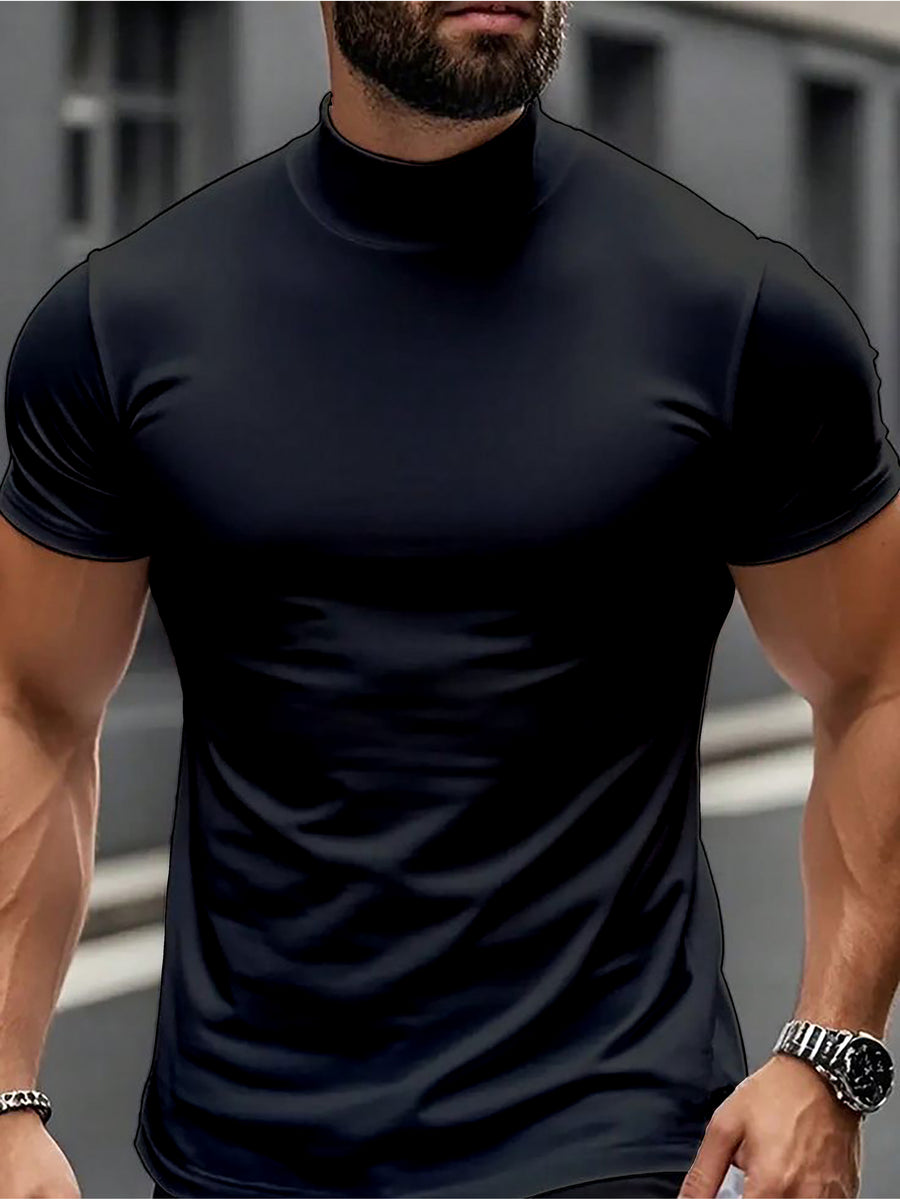 Fashionable and trendy Instagram-style minimalist creative solid color Men's short-sleeve turtleneck for sports, fitness, running, training, and casual wear - Black