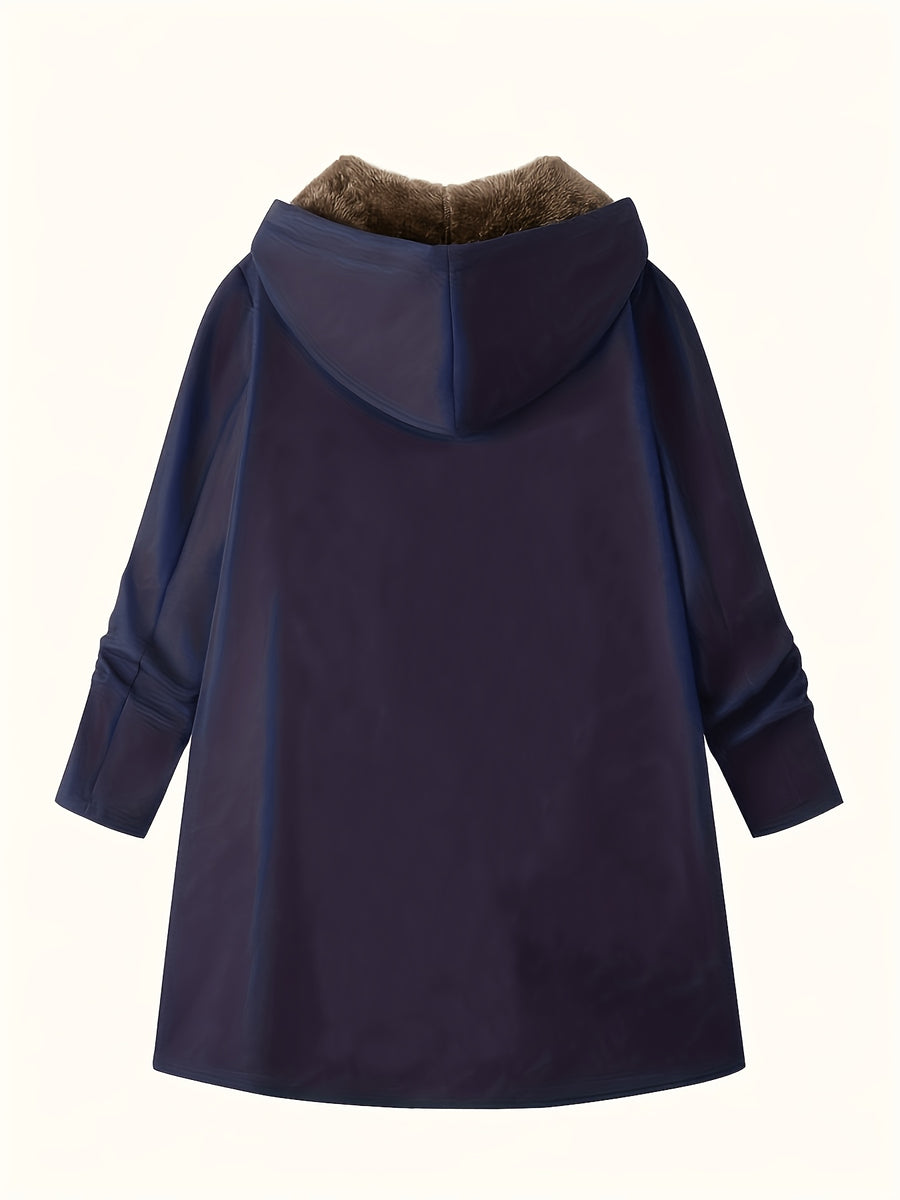 Solid Color Thermal Lined Hooded Jacket for Autumn/Winter Warmth and Casual Wear - Navy Color