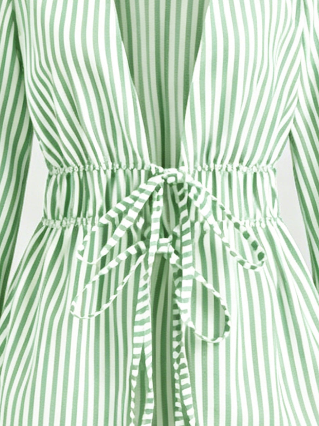 Belted Vertical Stripe Long-sleeve Shirt, Artistic Casual Fashion, Versatile Loose Top - Light Green