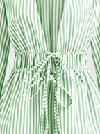Belted Vertical Stripe Long-sleeve Shirt, Artistic Casual Fashion, Versatile Loose Top - Light Green