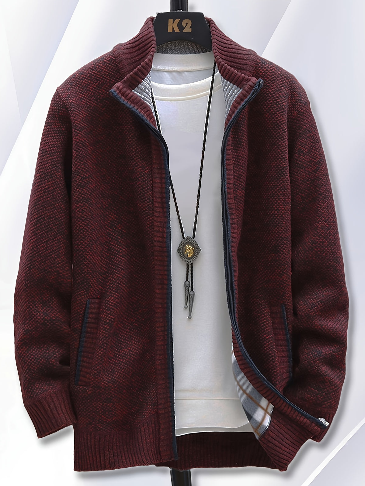 1pc Single Piece Men'S Autumn And Winter Stand Up Collar Knitted Sweater Jacket, Autumn And Winter Knitted Sweater Zipper Cardigan, Casual Thick Warm Sweater Jacket (Solely Includes 1 Jacket) - Burgundy