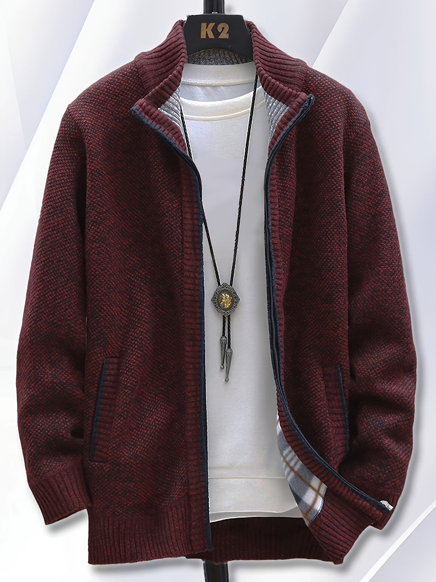 1pc Single Piece Men'S Autumn And Winter Stand Up Collar Knitted Sweater Jacket, Autumn And Winter Knitted Sweater Zipper Cardigan, Casual Thick Warm Sweater Jacket (Solely Includes 1 Jacket) - Burgundy