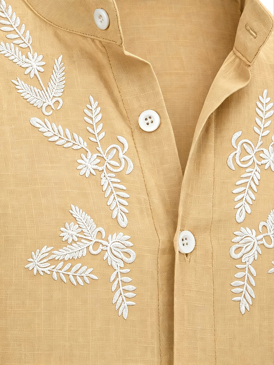 New Summer Men's Stand Collar Short-Sleeve Shirt, 100% Pure Cotton Bohemian Style Embroidered Pattern Casual Shirt, Comfortable and Breathable Fabric, Versatile Daily Top, an Excellent Choice for Home, Outings, Travel, and Beach Vacations - Khaki