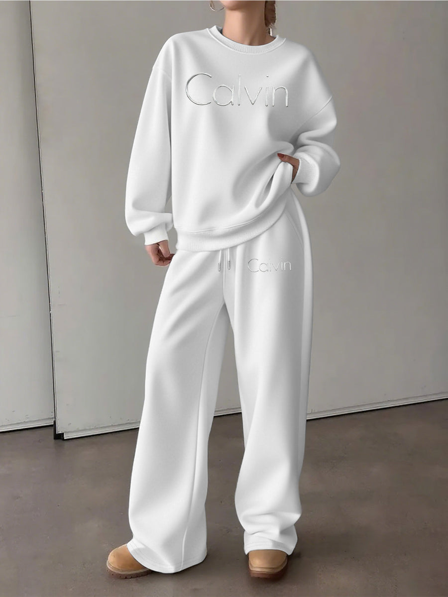 Graphic Print 2pcs Set, Crew Neck Sweatshirt & Pants, Women's Clothing - White
