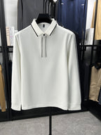 Autumn Multi-Color Selectable Men'S Contrast Edge Long Sleeve Polo Shirt, Comfortable Fabric, Easy Lapel, Delicate And Smooth, Loose Fit, Business Commute, Visiting Friends, Business Travel, Home Casual Top - White