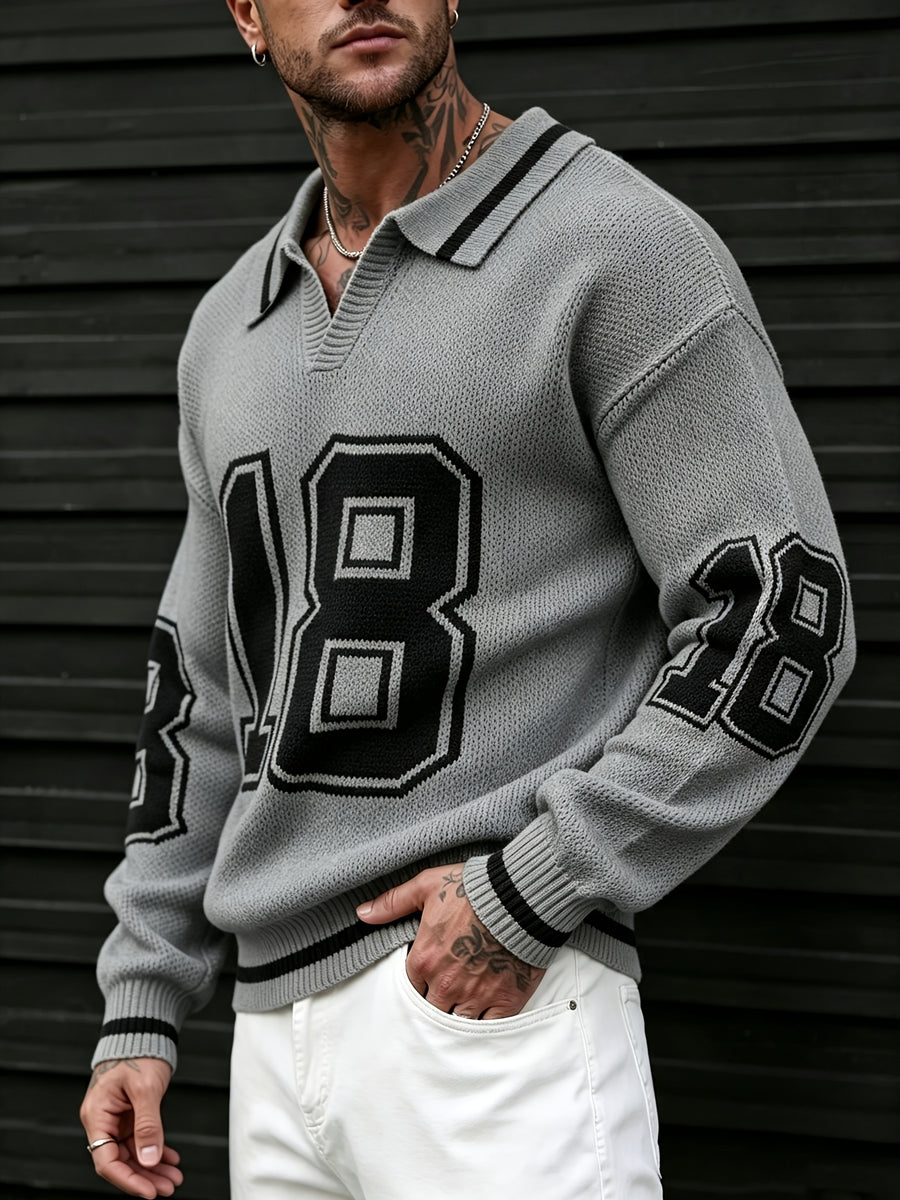 Men'S Polo Neck Knit Sweater with 18-Digit Pattern, Long Sleeve Casual Pullover, Retro Preppy Sporty Loose Fit Fall Winter Gray Top - Grey