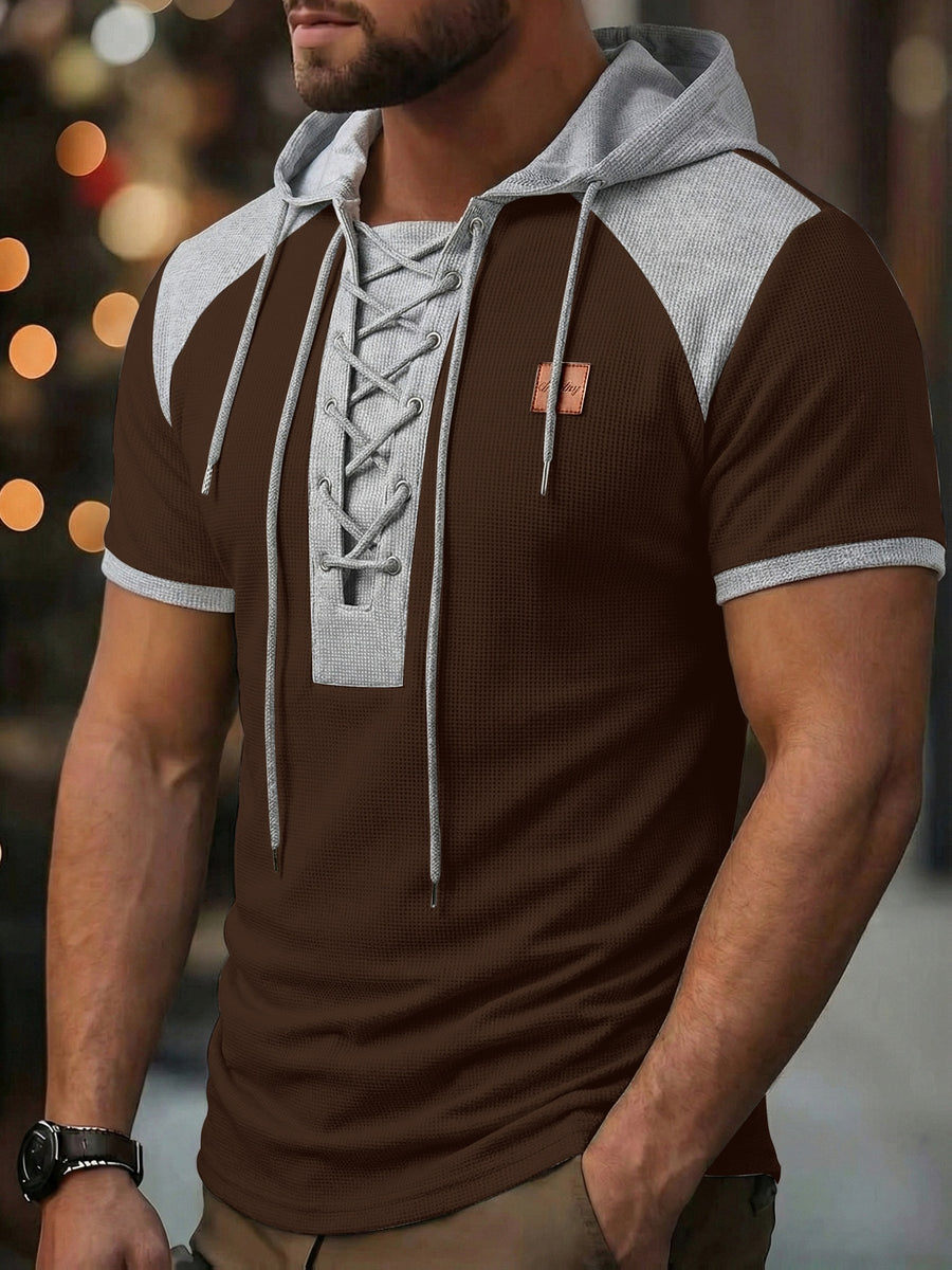 ROYALBOY Spring New Arrival: Hooded Short Sleeve with Dual-Color Waffle Knit Patchwork and Eyelet Drawstring Design. Versatile for Daily Wear, Fashionable Casual Style, Suitable for Gatherings and Parties. Machine Washable, Not Dry Cleanable - Coffee Color