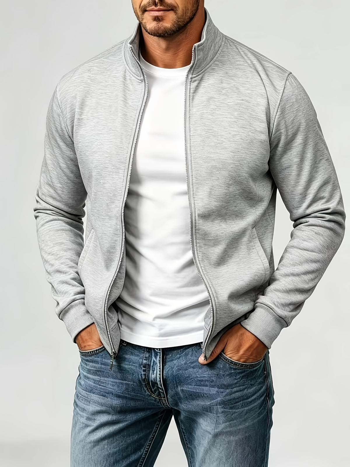 Men's Fashion Full-Zip Sweatshirt, Casual Zip-Up Stand Collar Sweatshirt, Autumn Essentials - Light Grey