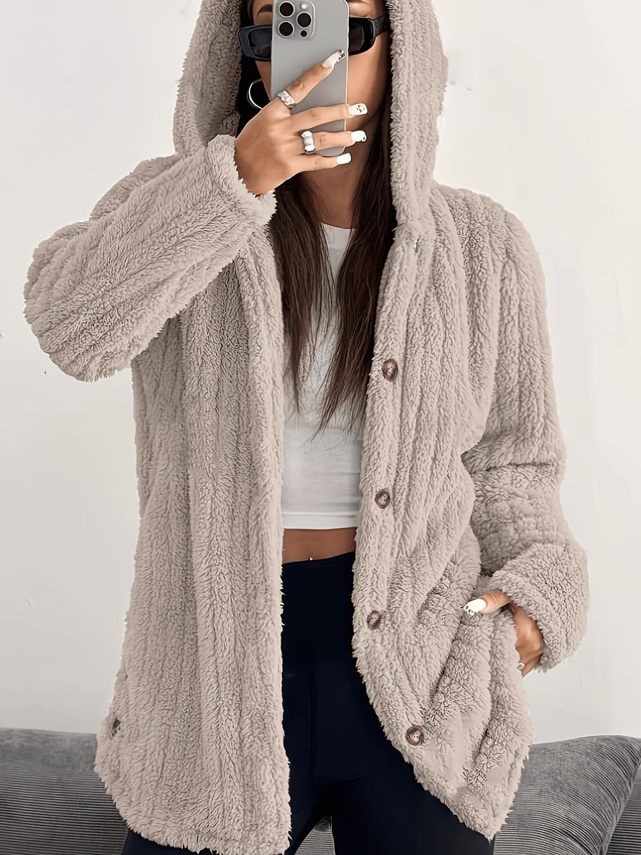 2026 Autumn Winter New Arrival, Solid Striped Jacquard Double-Faced Fleece Jacket, Regular Shoulder Long Sleeve, Hooded, Open Front, Hem Design, Mid-Length Plush Jacket, Easy And Comfortable, Essential Jacket for Autumn Winter - Khaki