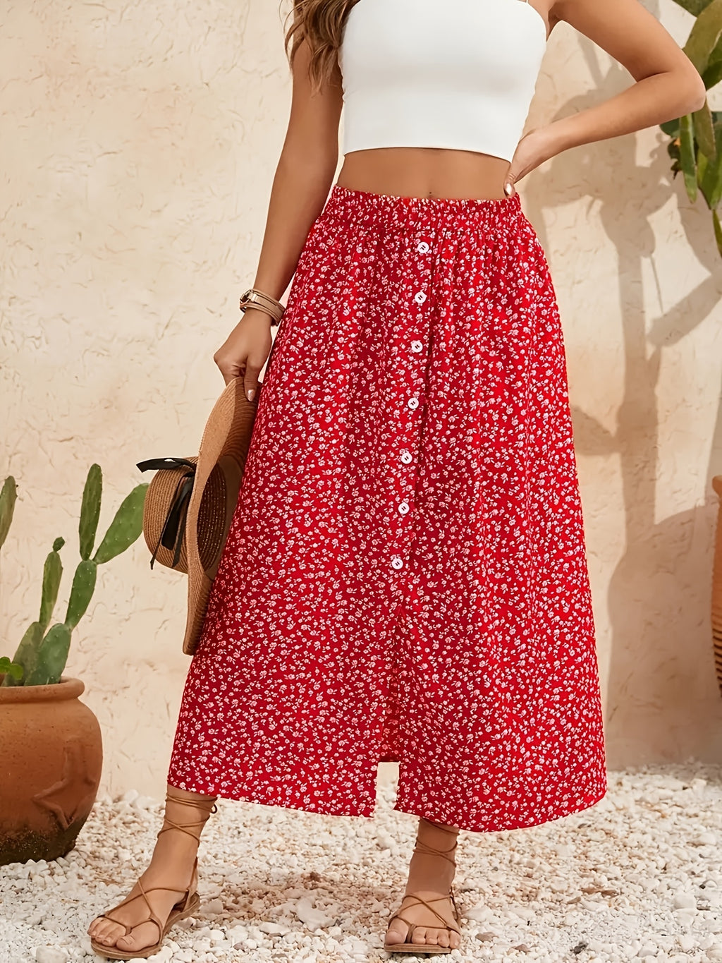 One Women's Bohemian Style Floral High-Waisted Button Slit Maxi Skirt - Red