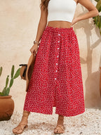 One Women's Bohemian Style Floral High-Waisted Button Slit Maxi Skirt - Red