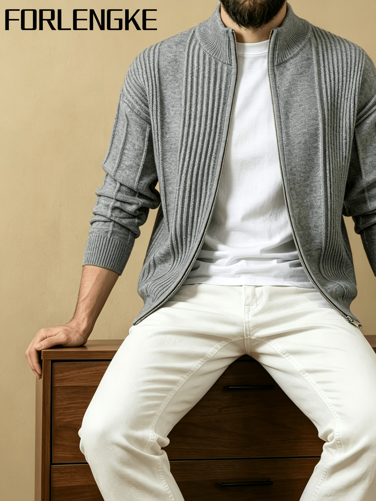 FORLENGKE Men'S Business Casual Stand Collar Full Zip Vertical Ribbed Knit Cardigan, Soft Thick Loose Long Sleeve Sweater Jacket for Fall Winter Office Daily Wear - Grey