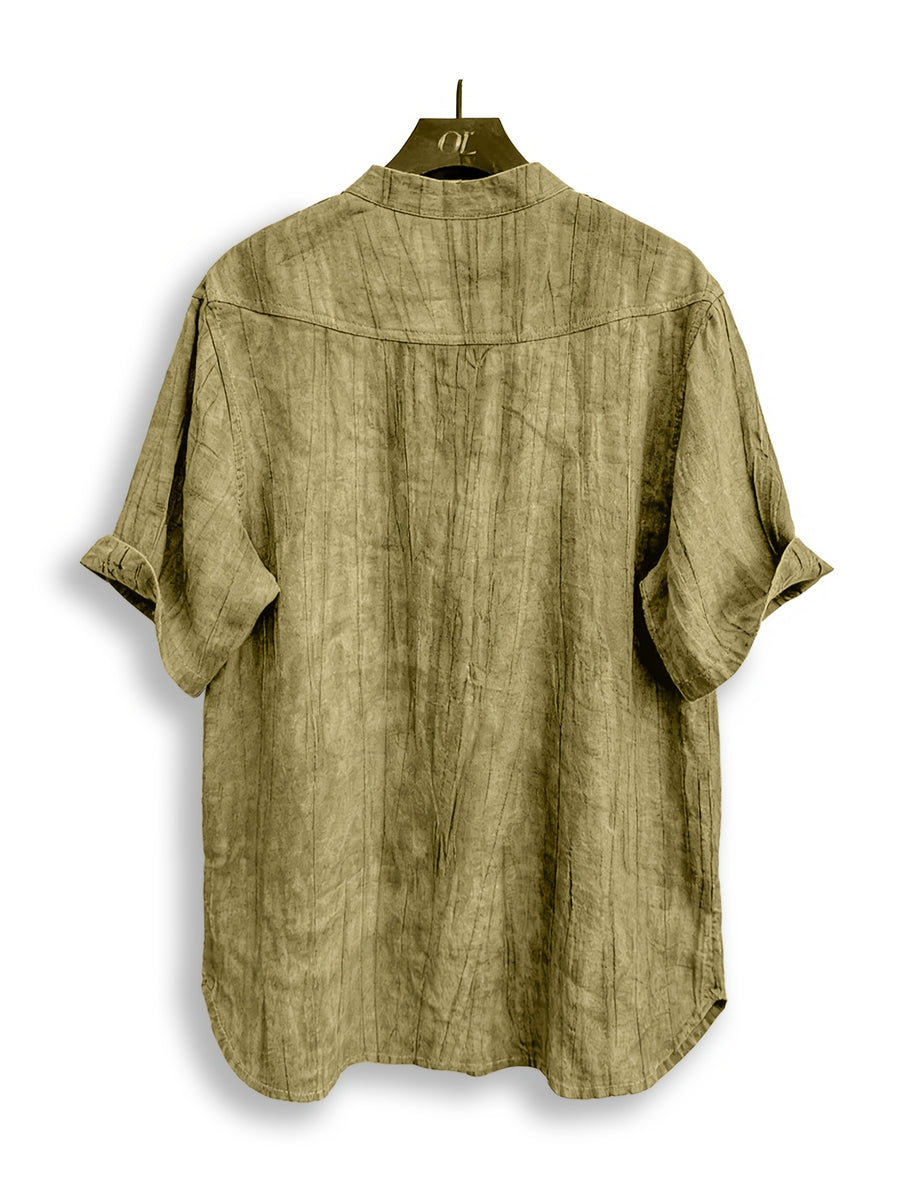 Men'S Summer Casual Henley Shirt, Preppy Style Thin Stand-Up Collar Short Sleeve T-Shirt, Retro Crinkle Ramie Pullover Men'S Top - Yellow