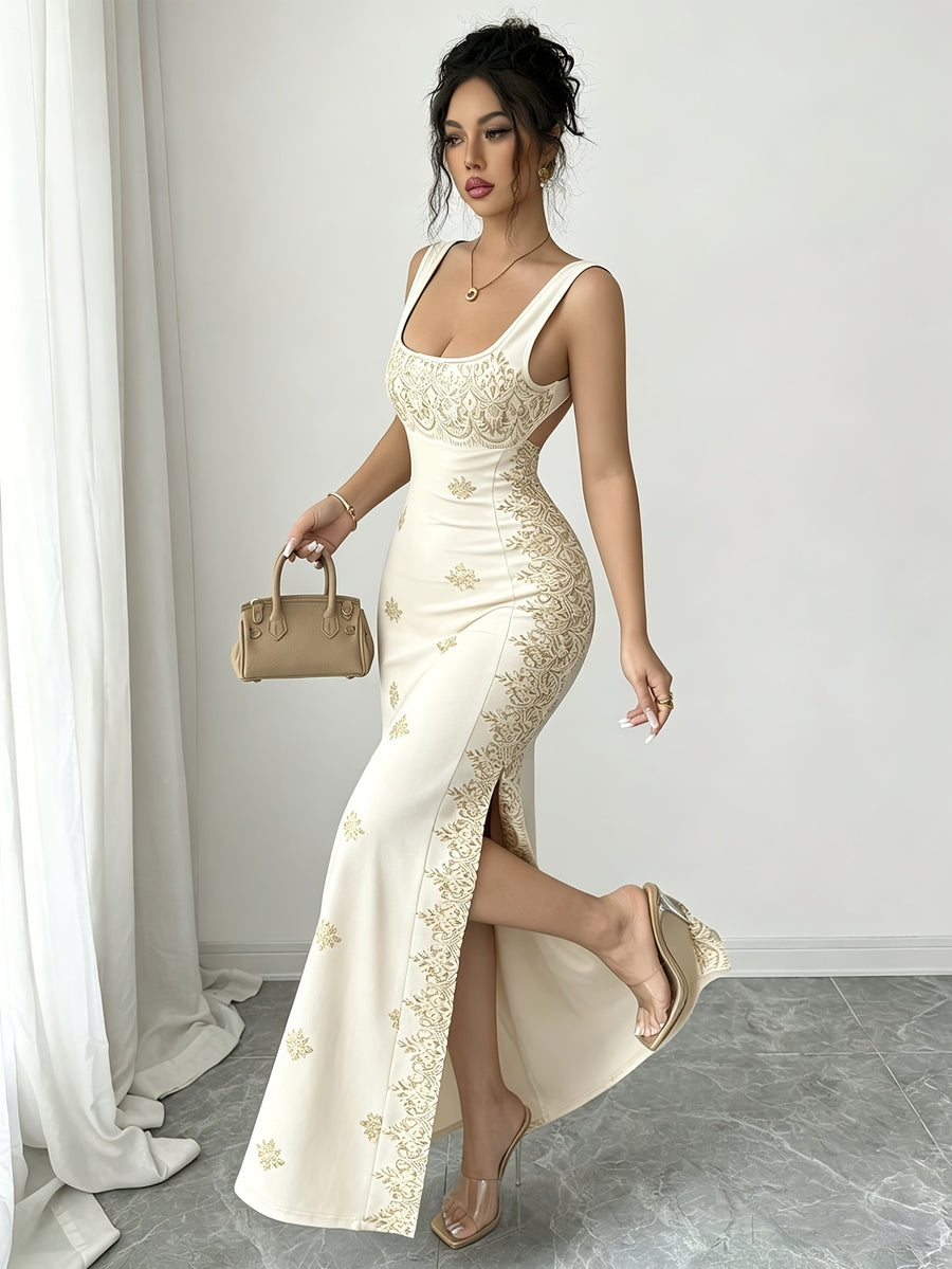 Women'S Dress Spring/Summer Retro Square Neck Printed Elegant Dress Bodycon Butt-Hugging Waist-Cinching Evening Party Long Dress - Apricot