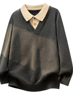 Men'S Retro Color-Block Faux Two-Piece Polo Sweater, Casual Comfortable V-Neck Loose Fit Men'S Autumn Winter Base Layer Knit Top - SINBOS - Coffee Color