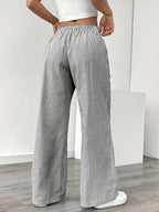 Women's French-Style Elegant Casual Commuter Striped Wide-Leg Pants, New Spring/Summer Loose Fashion Trousers with Pockets, Straight-Leg Versatile Style Zdz073103 - Gray White