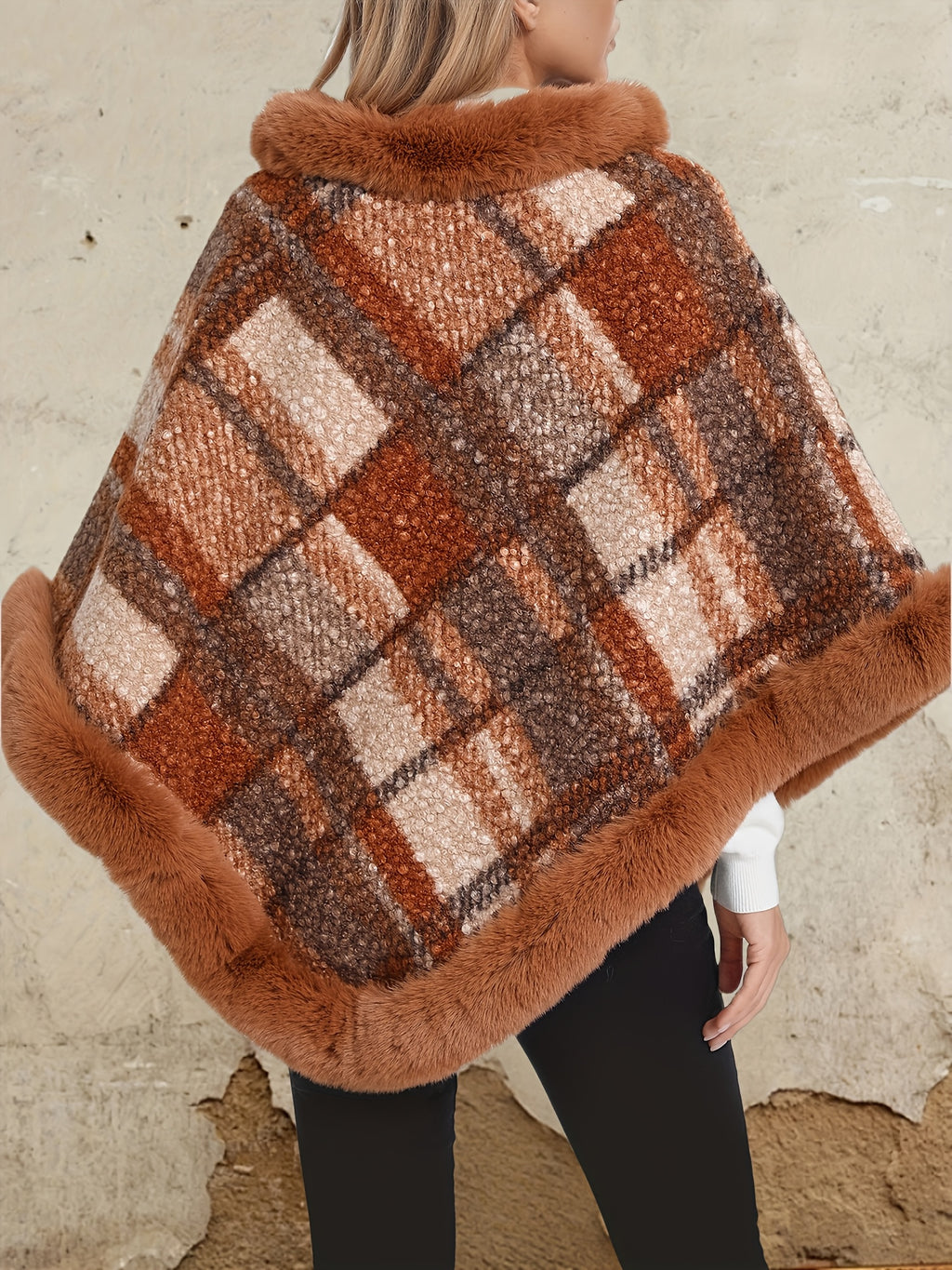 Bust (unlined)" "Length Includes Faux Trim" Elegant Special Edition 1pc Elegant Women's Round Neck Plaid Shawl Pullover, Faux Trim Patch Decoration, 100% Polyester Fiber, Stylish and Elegant European/American Style Thickened Warm Pullover - Light Brown-1