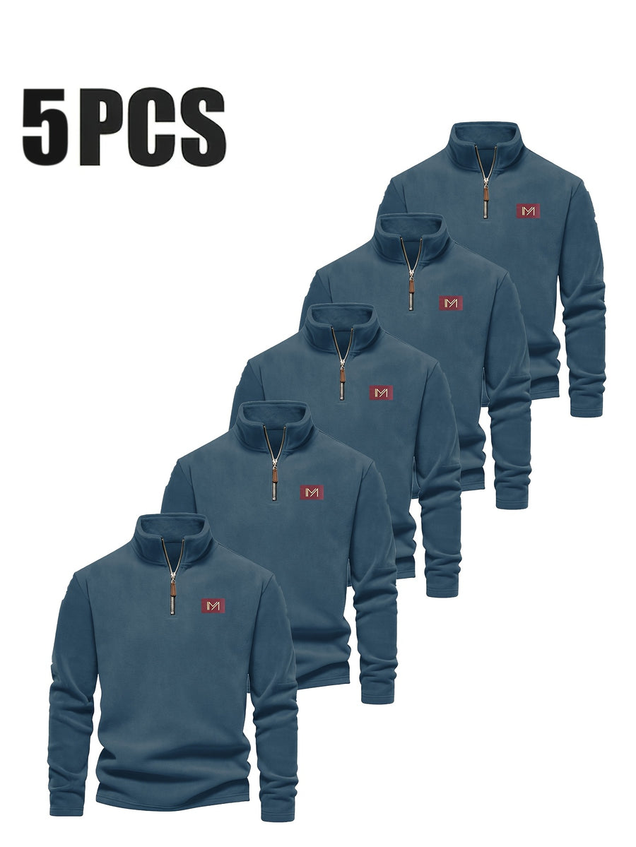 Men's Autumn/Winter Fashionable Simple Style Stand Collar Long Sleeve Sweatshirt 5pcs - Dark blue + dark blue + dark blue + dark blue + dark blue