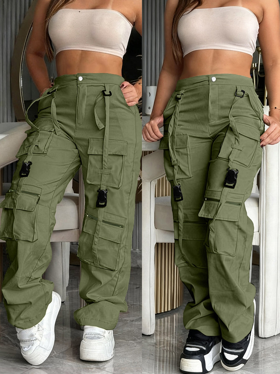 Multi-Pocket Cargo Pants, Retro Straight Wide-Leg Casual Trousers, Fashionable Trendy for Outings And Home - Olive Green
