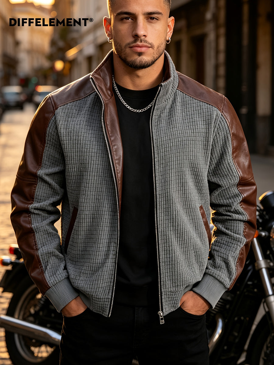Adult Men'S Stand-Up Collar Patchwork Motorcycle Jacket for Daily Outing Windproof Casual All-Match Single Wear Inner Layer Plaid Knit Patchwork Fabric Fitted Short Stand-Up Collar Style Street Riding Commute Spring Autumn Wear Metal Zipper Ribbed C - Grey