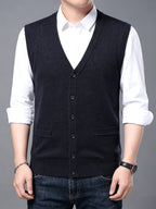 Autumn Winter Men'S Knit Cardigan Vest Men'S Casual Solid Color Pocketed Knit Vest Men'S V-Neck Open Front Sleeveless Sweater - Graphite Color