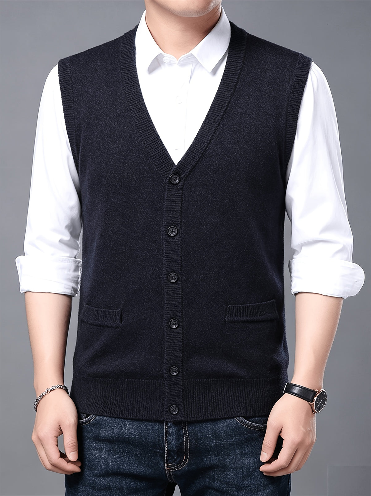 Autumn Winter Men'S Knit Cardigan Vest Men'S Casual Solid Color Pocketed Knit Vest Men'S V-Neck Open Front Sleeveless Sweater - Graphite Color