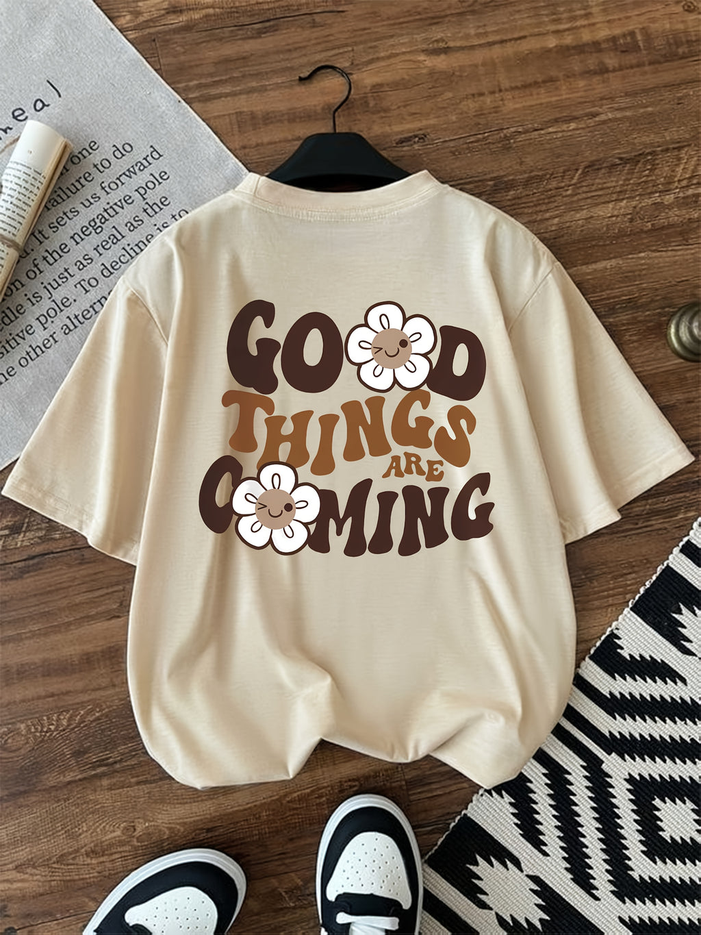 2026 Fashion New Women'S Round Neck English Letter Floral Print Fashion Short Sleeve Summer Casual T-Shirt - Khaki