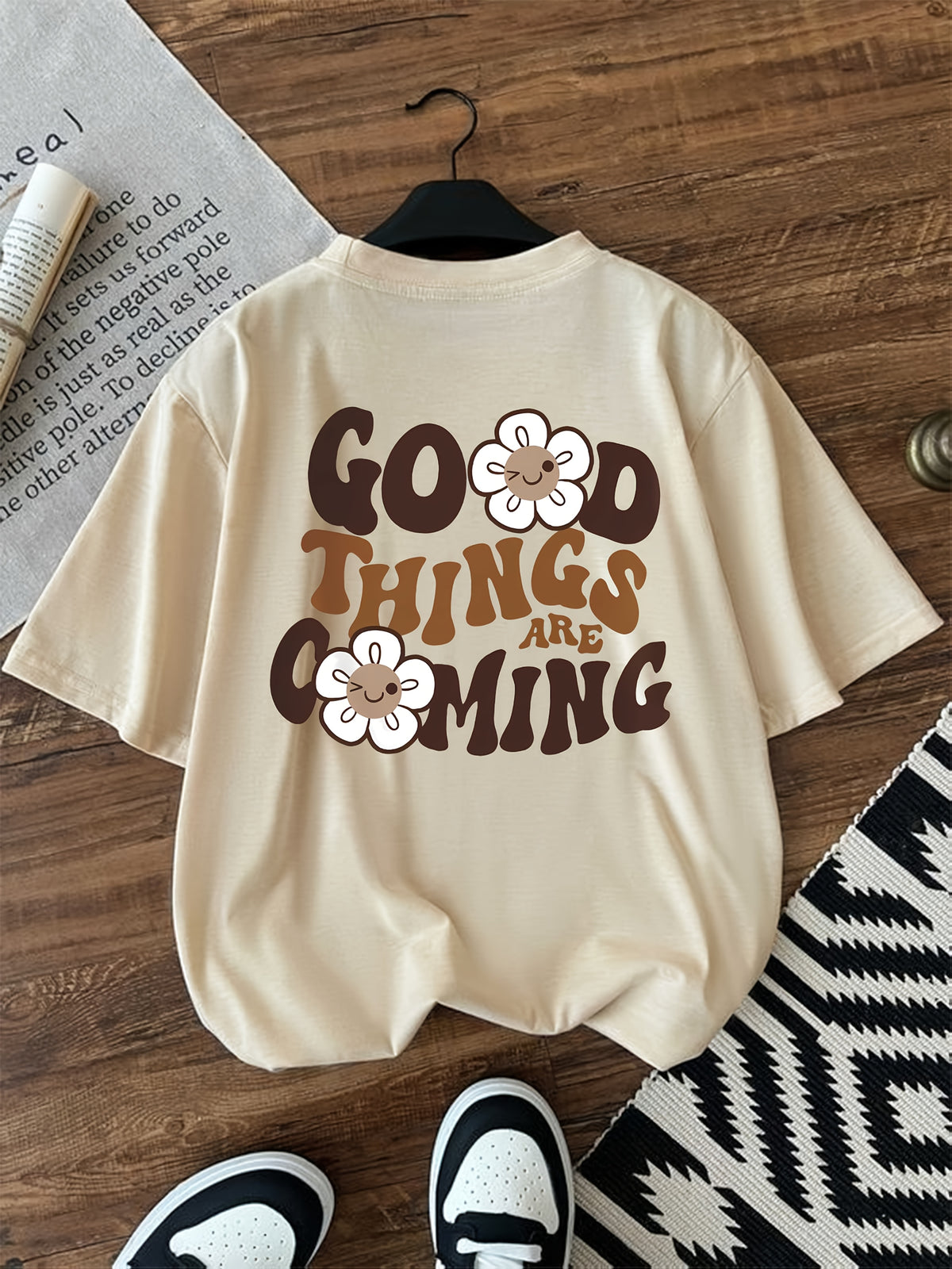 2026 Fashion New Women'S Round Neck English Letter Floral Print Fashion Short Sleeve Summer Casual T-Shirt - Khaki