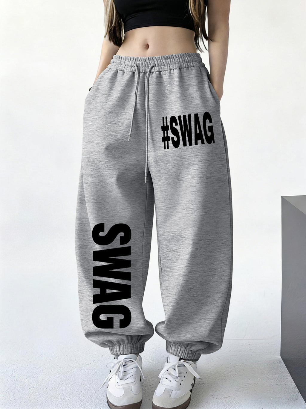 Spring/Winter New Women's Jogger Pants with Cuffed Hem, White Printed Casual Trousers. Made of Easy-care, Soft, and Warm Fabric, Machine Washable. Features Letter Print for Home Wear, Suitable for Travel, Home, and Outdoor Outings. Solid Color - Light Grey