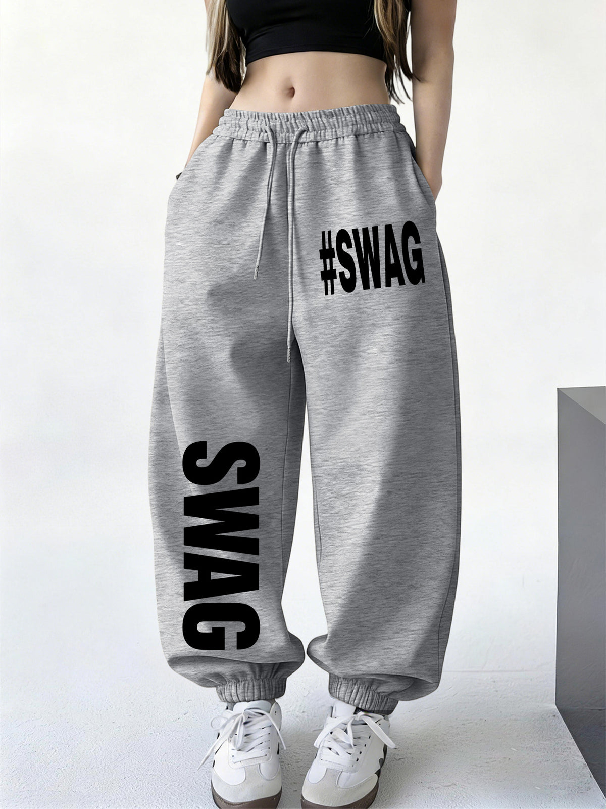 Spring/Winter New Women's Jogger Pants with Cuffed Hem, White Printed Casual Trousers. Made of Easy-care, Soft, and Warm Fabric, Machine Washable. Features Letter Print for Home Wear, Suitable for Travel, Home, and Outdoor Outings. Solid Color - Light Grey