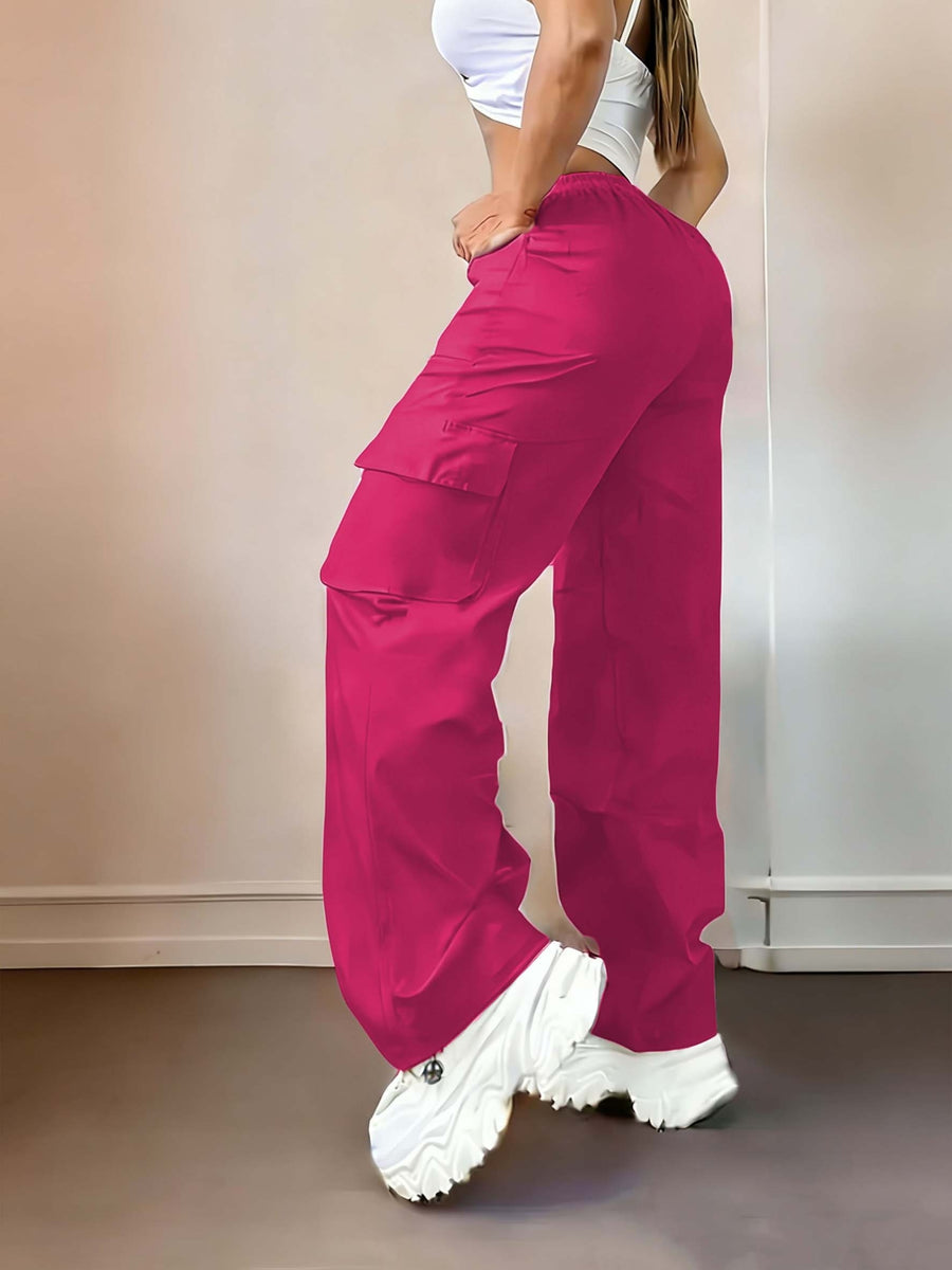 D355- Women'S Casual Pants, Creative Design Floral Print, Fashionable Cargo Pants-Why1526 - Rose Red