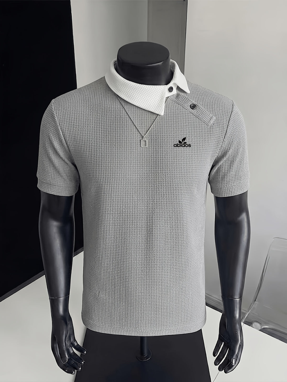New Design Color-Blocked Slant Collar Short-Sleeve T-Shirt for Men, Summer Trendy  Irregular Collar Business Casual White Letter Print Polo - Grey