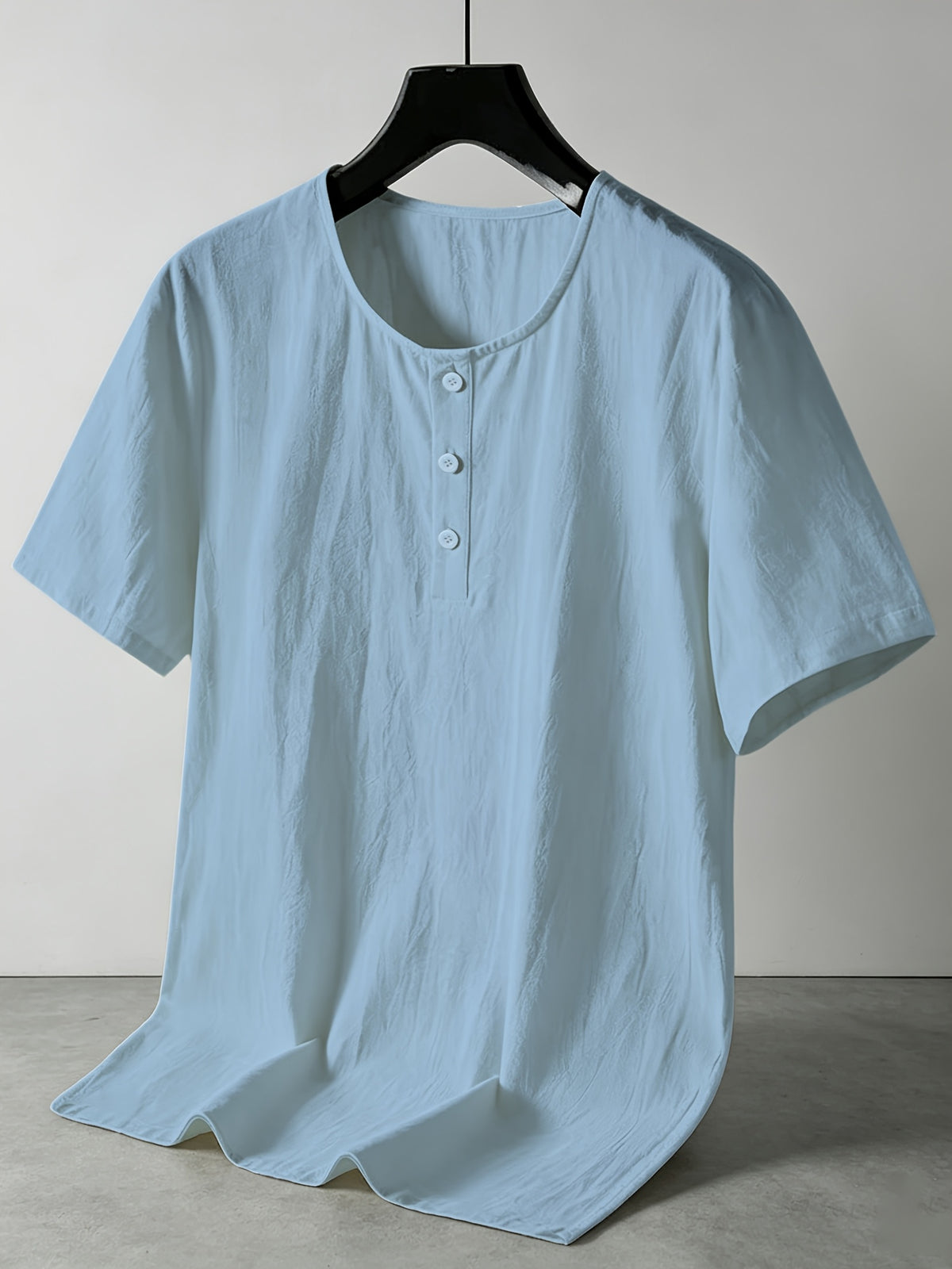 Summer Men's Linen Henley T-Shirts 2pcs, Loose Fit Short Sleeve Casual Tee, Breathable Lightweight Basic Tops for Daily Commute & Home Wear, Simple Versatile Design for Multi-Occasion. - Black+Sky Blue