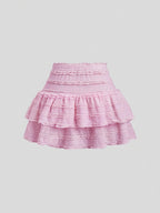 2026 New Vintage Ruffle Lace High-Waist Hip-Covering Double-Layer Flounce Mini Skirt - Pink