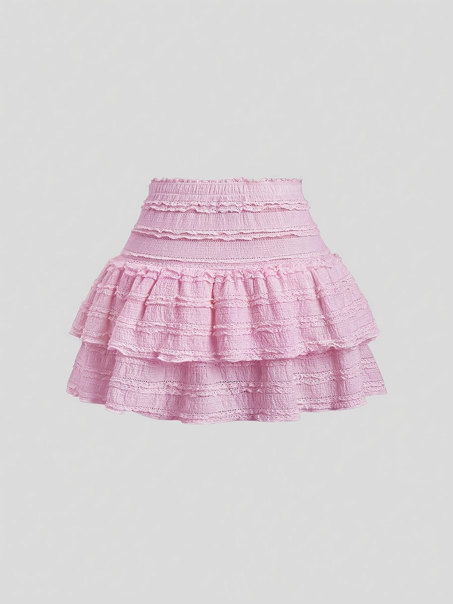 2026 New Vintage Ruffle Lace High-Waist Hip-Covering Double-Layer Flounce Mini Skirt - Pink