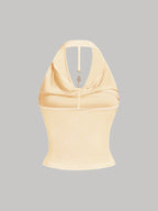 White Halter Neck Strapless Tank Top, Women's Solid Color Sexy Sleeveless Outerwear Top - Wheat-colored