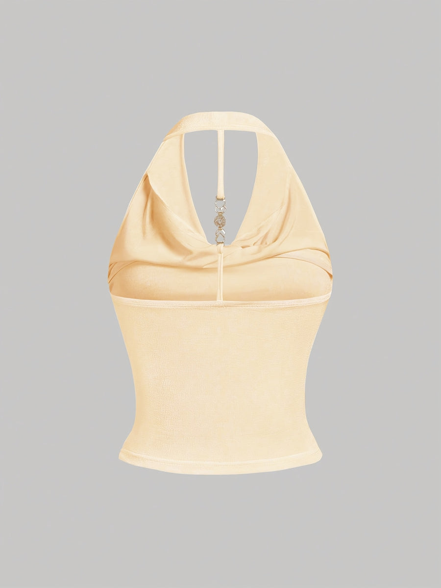 White Halter Neck Strapless Tank Top, Women's Solid Color Sexy Sleeveless Outerwear Top - Wheat-colored